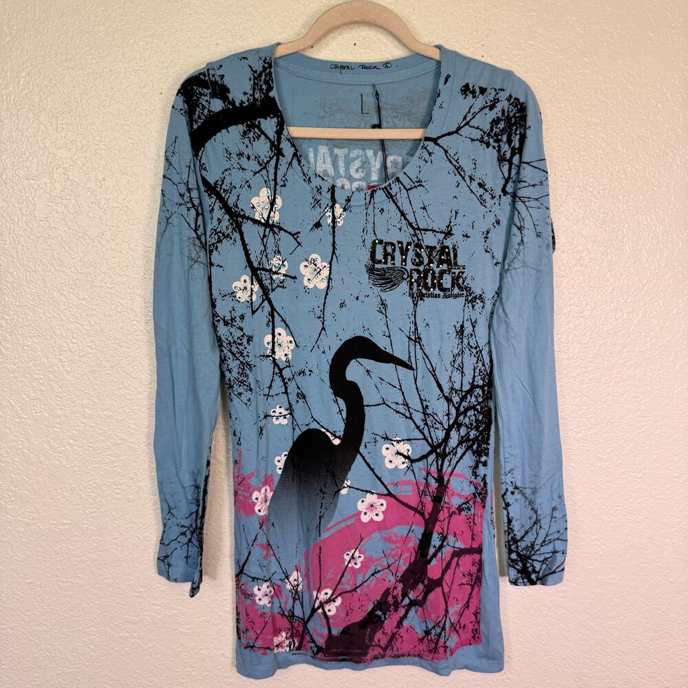 Christian Audigier Crystal Rock Top Womens Large Crane Blossom Y2K Tunic Shirt